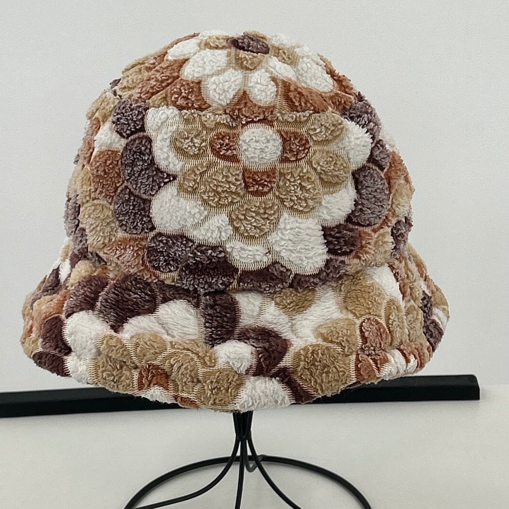 Sherpa‎ Bucket Hat Brown Tan Floral Fleece Retro 70s Style Accessory